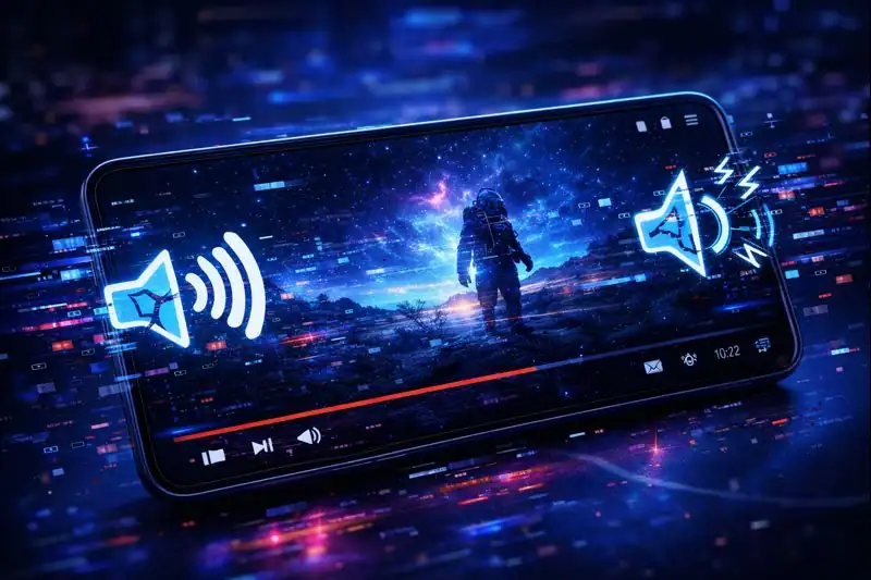 Smartphone streaming video with a sound wave icon and broken audio symbols, showing an audio glitch causing skips and distortion.