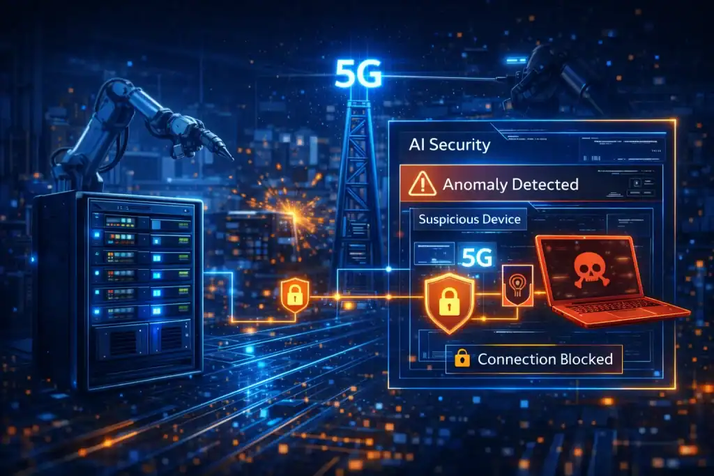 Edge computing scene showing a small server rack beside factory