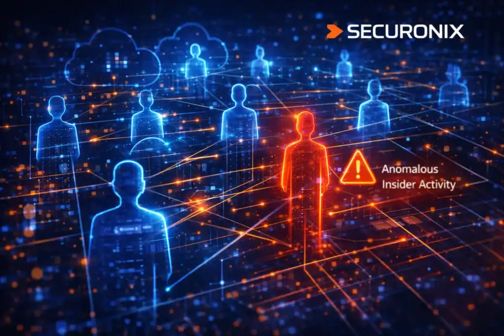 Abstract visualization of user behavior analytics showing digital human silhouettes connected by data lines, with one figure highlighted in red as Securonix AI detects anomalous insider activity within a corporate cloud network.