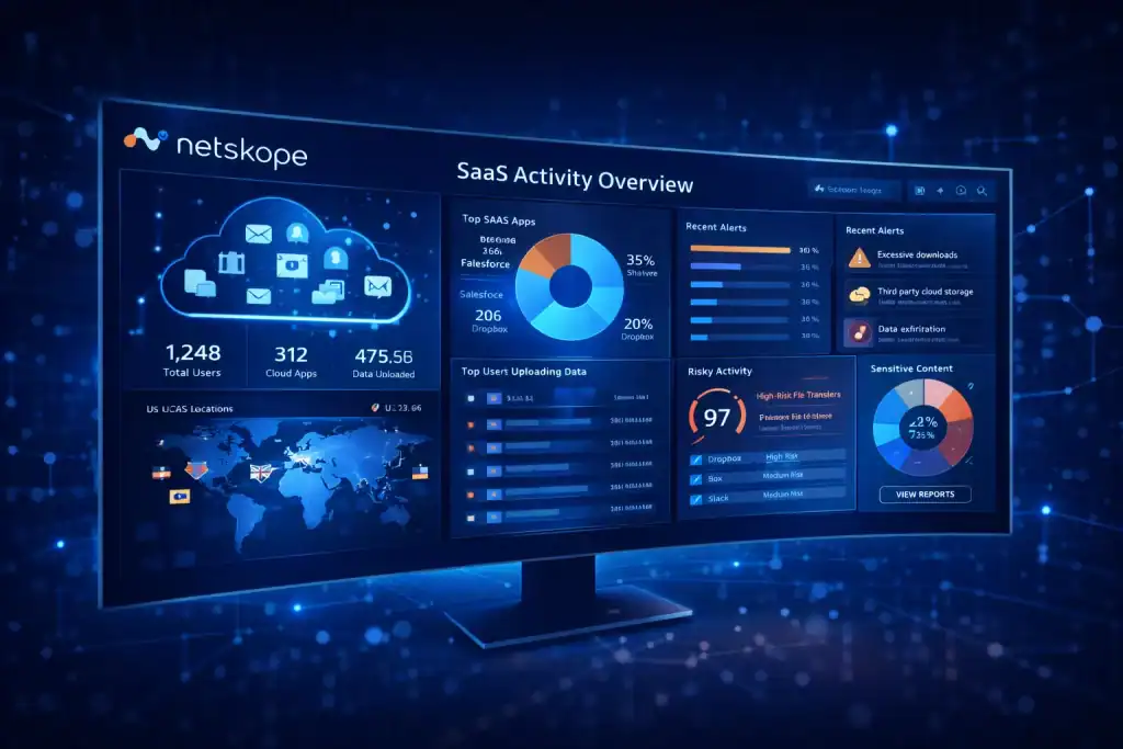 Security dashboard showing Netskope visibility into SaaS activity