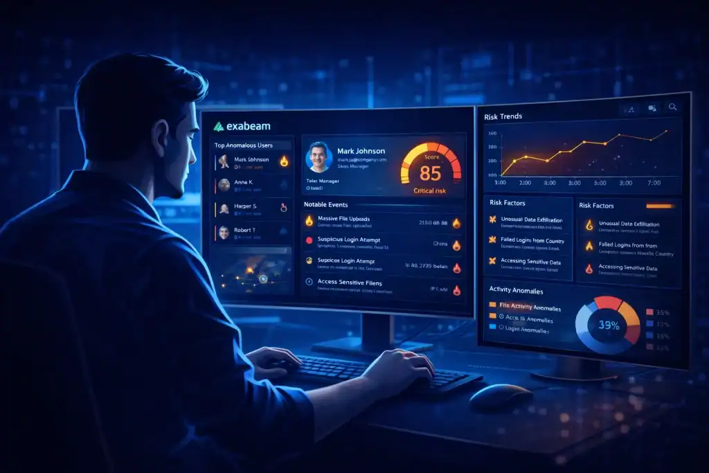 Security analyst investigating an Exabeam alert on multiple monitors
