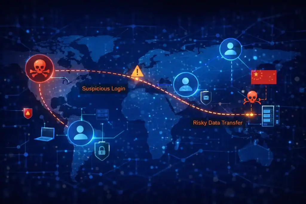 Network map highlighting anomalous logins and risky data transfers