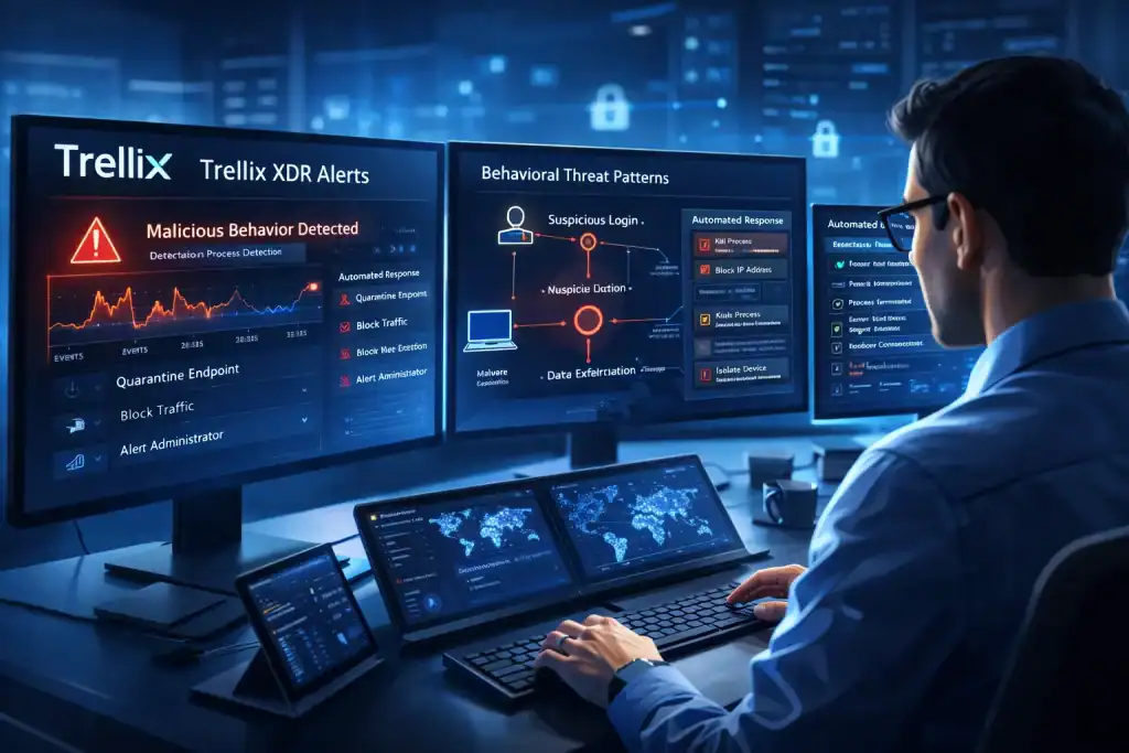 IT security analyst monitoring Trellix XDR alerts 