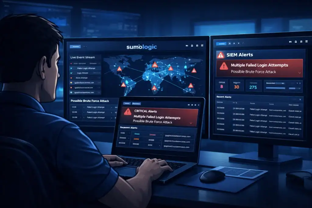 Security operations center analyst reviewing Sumo Logic SIEM alerts