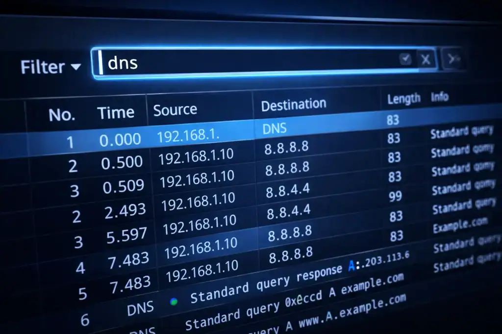 Close-up of Wireshark filter bar highlighting DNS traffic results
