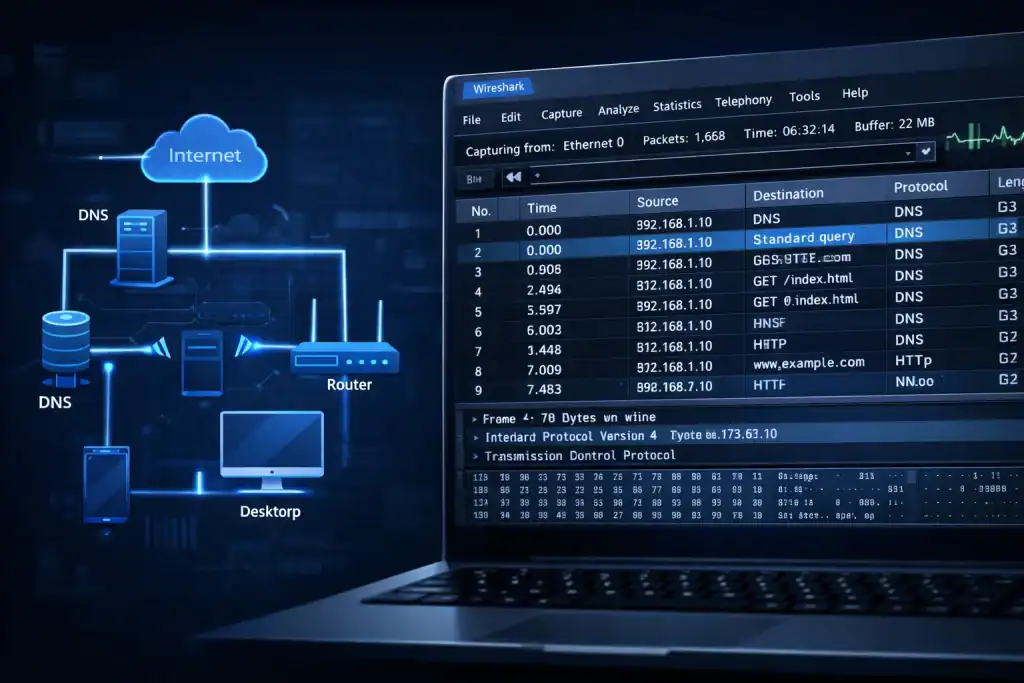 Network topology diagram beside Wireshark packet list for analysis
