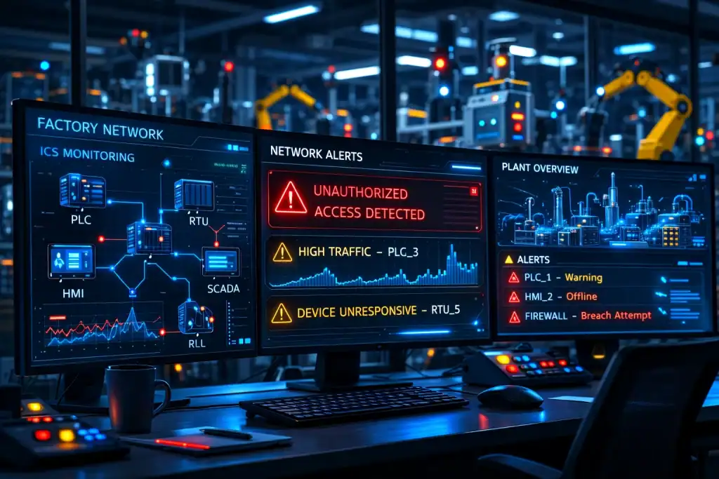 Factory control room screens with network alerts for ICS monitoring