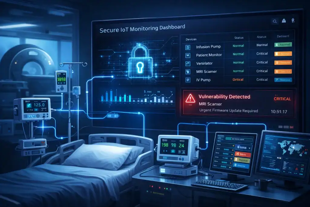Hospital medical devices connected to secure IoT monitoring platform