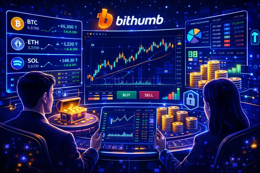 Bithumb illustrated as a modern crypto trading platform with investors analyzing real-time market data