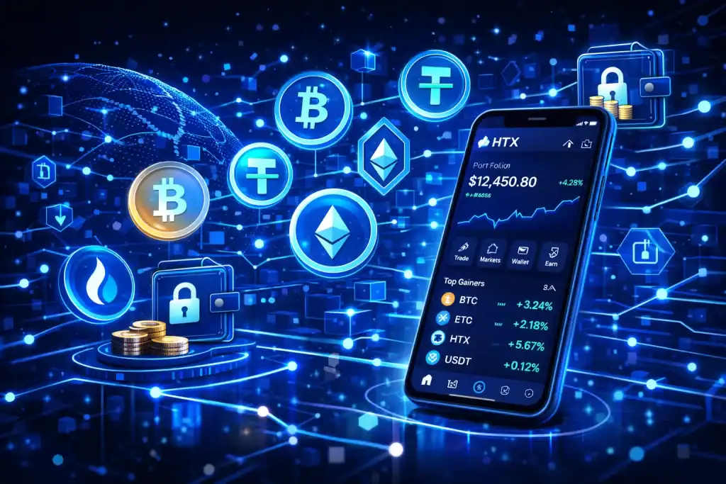 HTX blockchain illustration featuring a modern mobile trading app