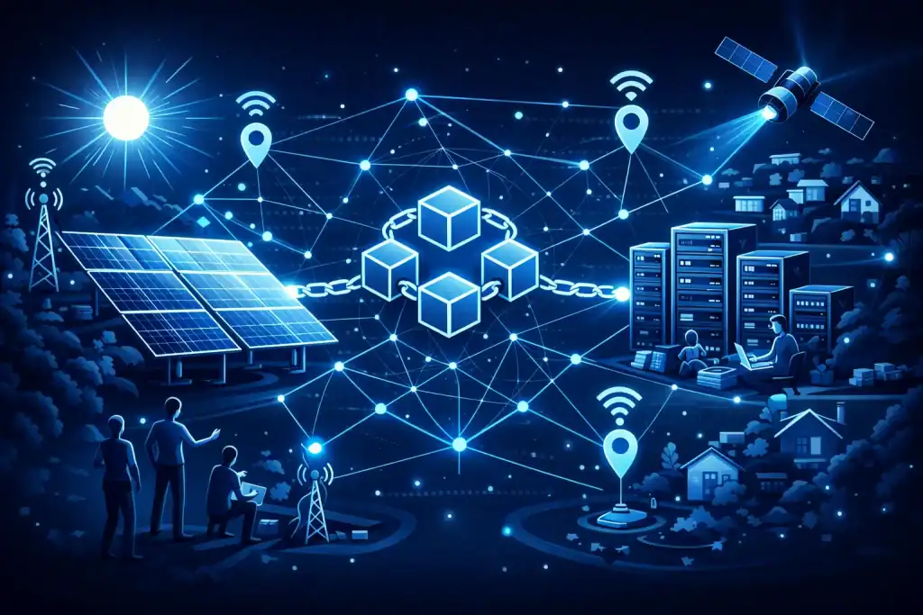 DePIN ecosystem showing community-powered solar energy, data storage, and decentralized connectivity