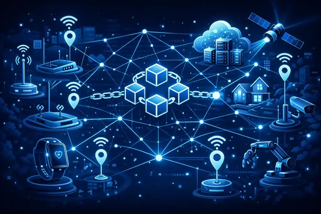 DePIN illustration with blockchain-linked hotspots, cloud storage nodes, and IoT devices in action