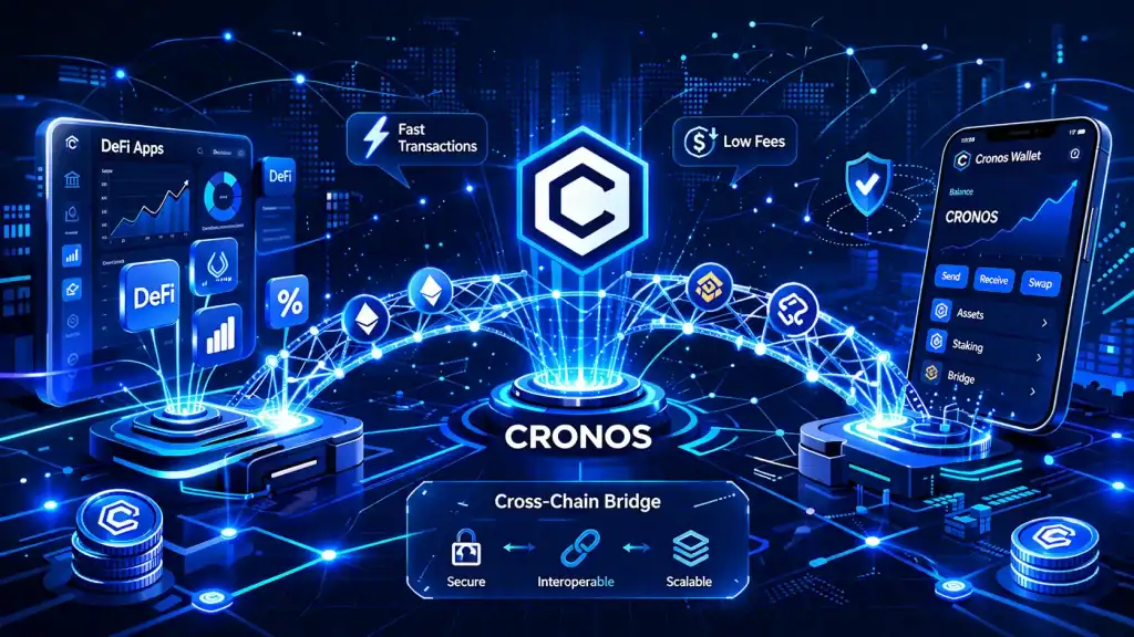 Cronos Crypto visual with a cross-chain bridge linking DeFi apps