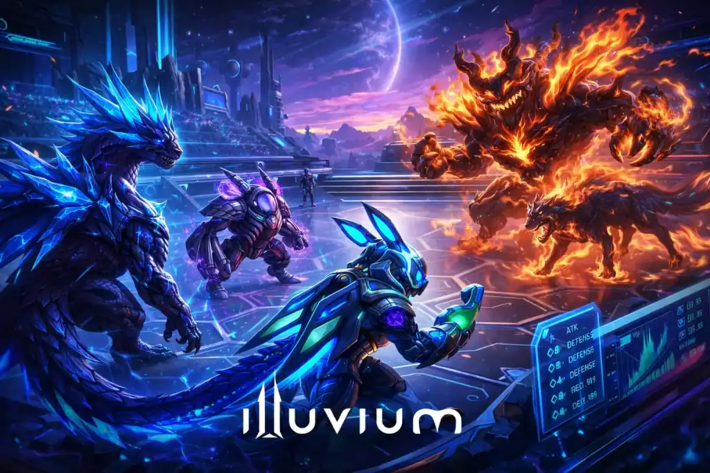 Illuvium battle scene showing a team of futuristic Illuvial creatures