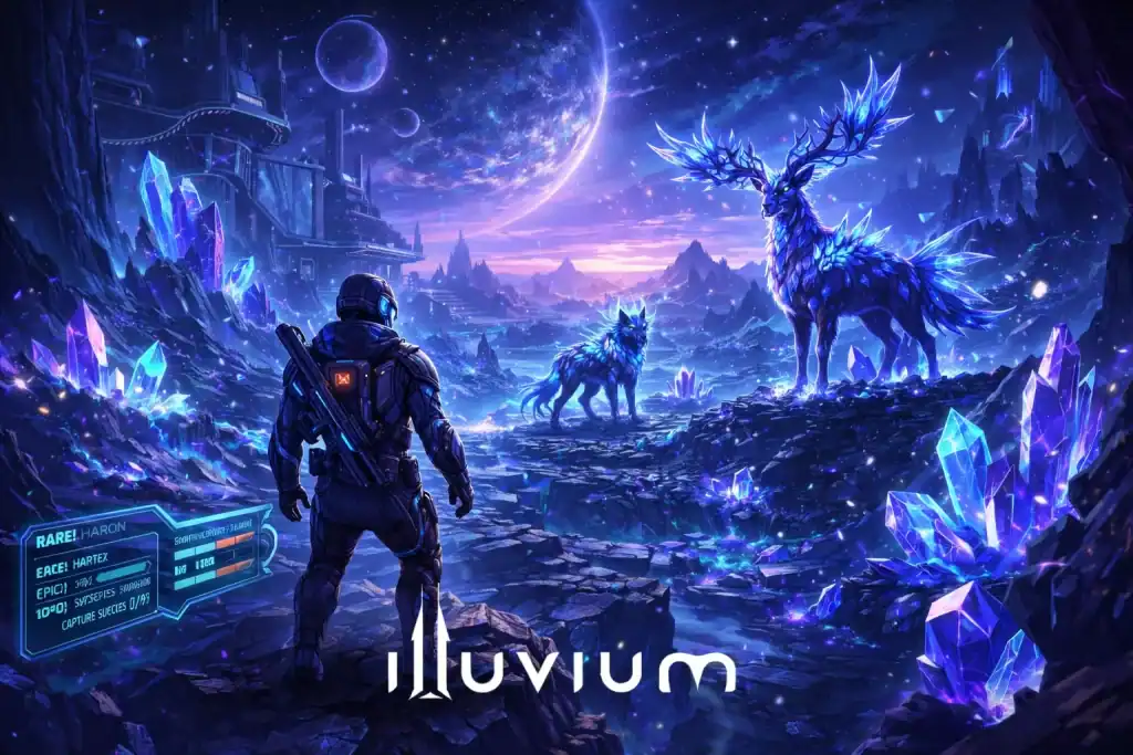 Illuvium-inspired sci-fi environment with a player exploring crystal-filled terrain