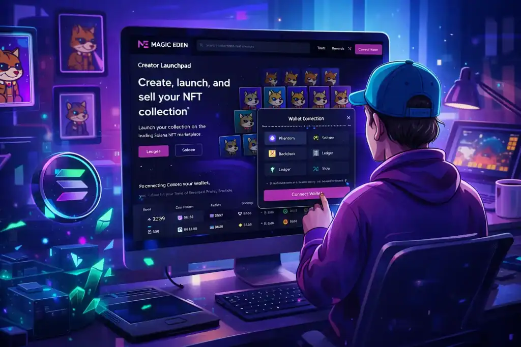 Magic Eden creator launchpad concept showing a digital artist minting an NFT collection,