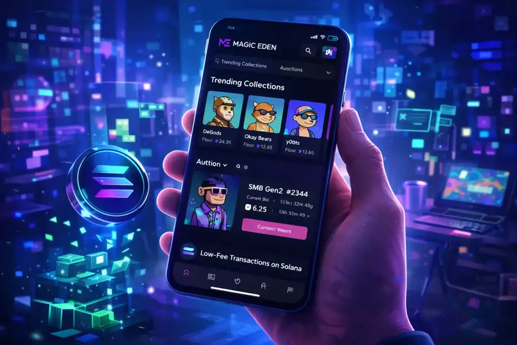 Magic Eden mobile NFT browsing experience with a smartphone displaying trending collections