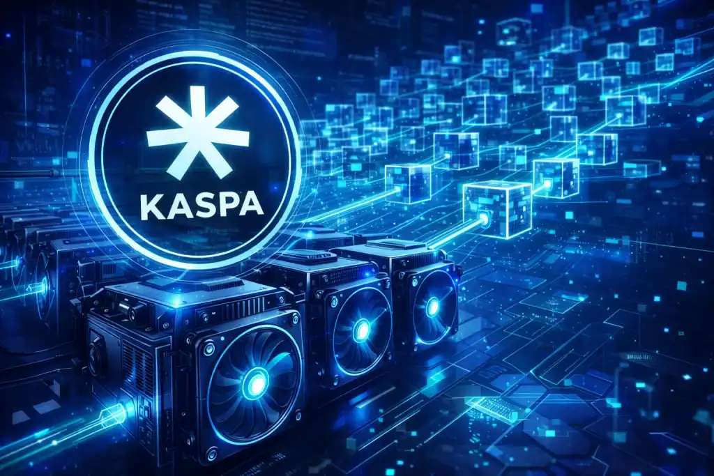Kaspa Crypto mining concept with powerful proof-of-work machines, cascading blockDAG visuals