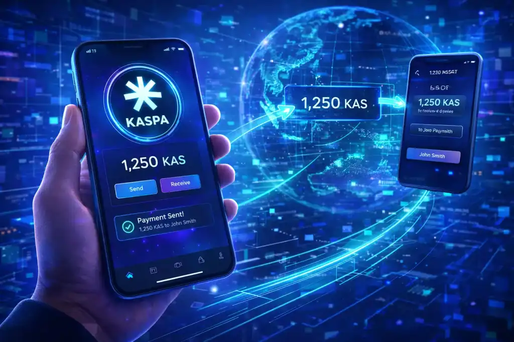 Kaspa Crypto mining concept with powerful proof-of-work machines, cascading blockDAG visuals