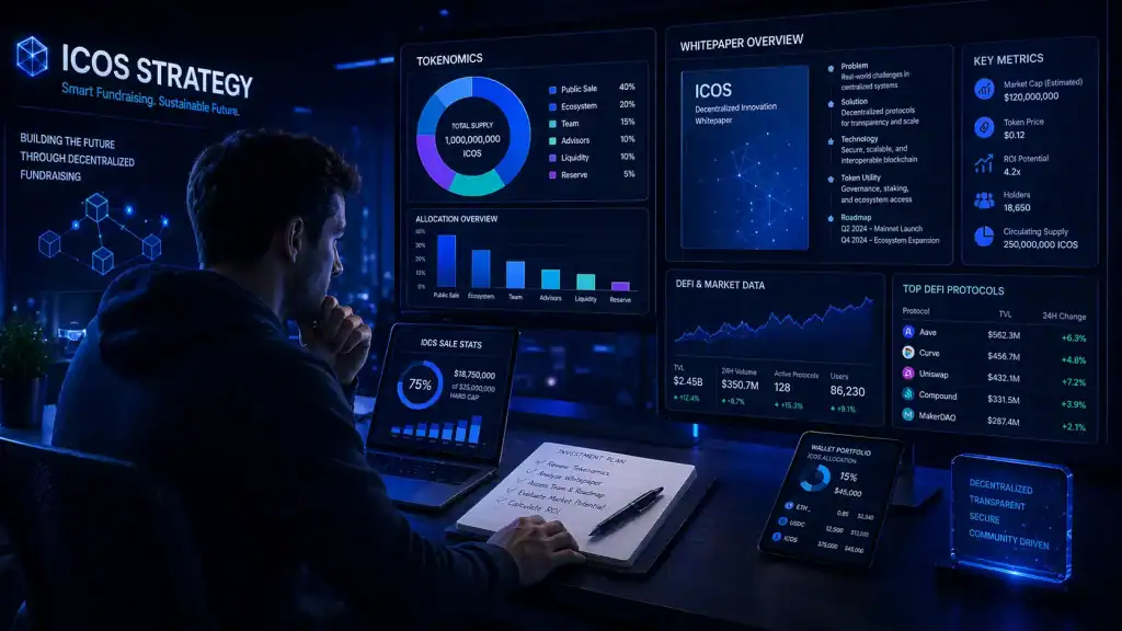 ICOS strategy scene with a crypto investor reviewing tokenomics