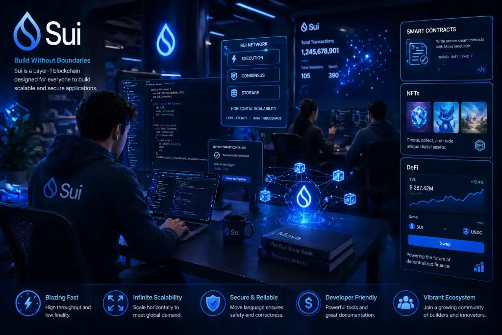 Sui Crypto concept art of developers building scalable blockchain