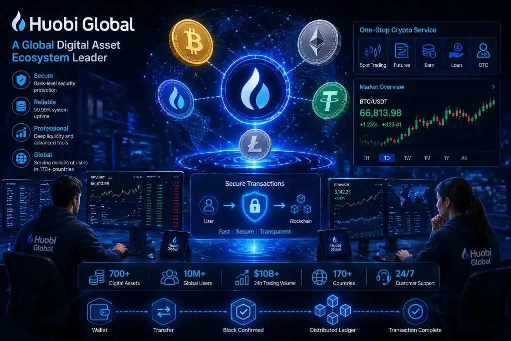 Huobi Global ecosystem illustration with traders analyzing cryptocurrency trends