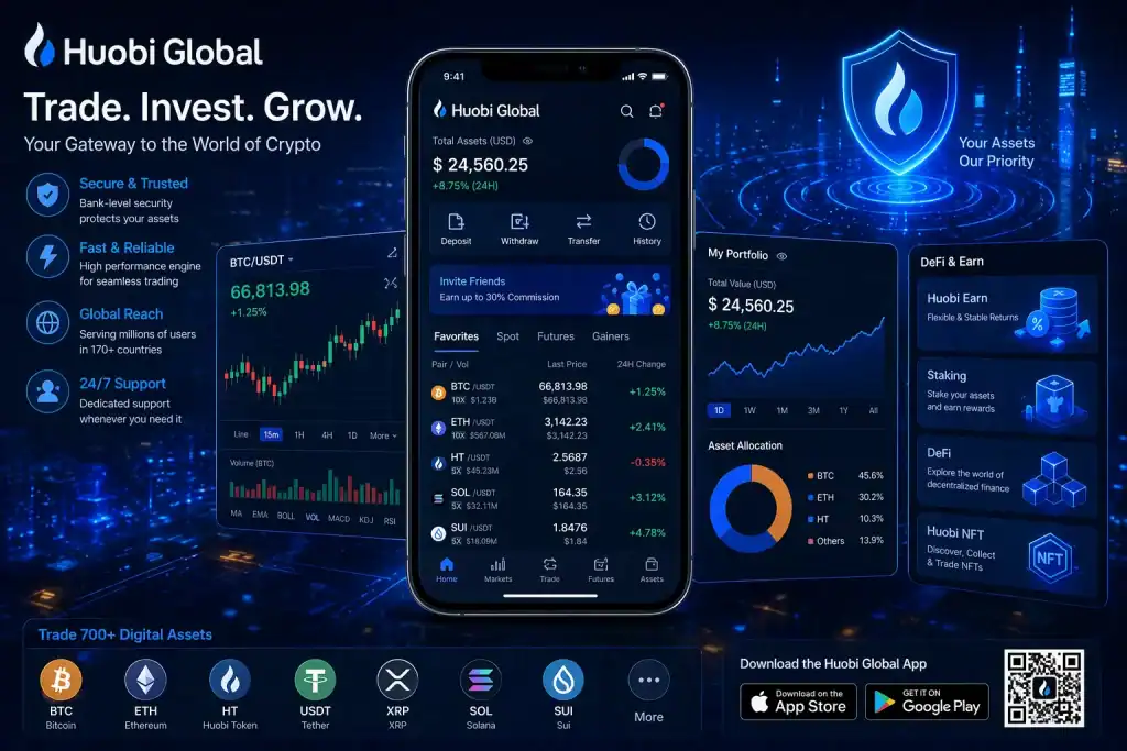 Huobi Global concept showing mobile crypto trading, portfolio management