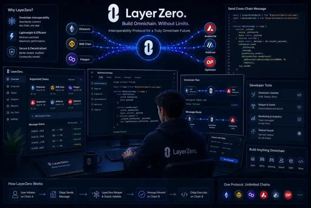 LayerZero illustration showing a developer building omnichain 