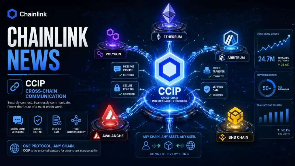 Chainlink News graphic featuring oracle data streams powering DeFi apps, smart contracts, and LINK staking growth