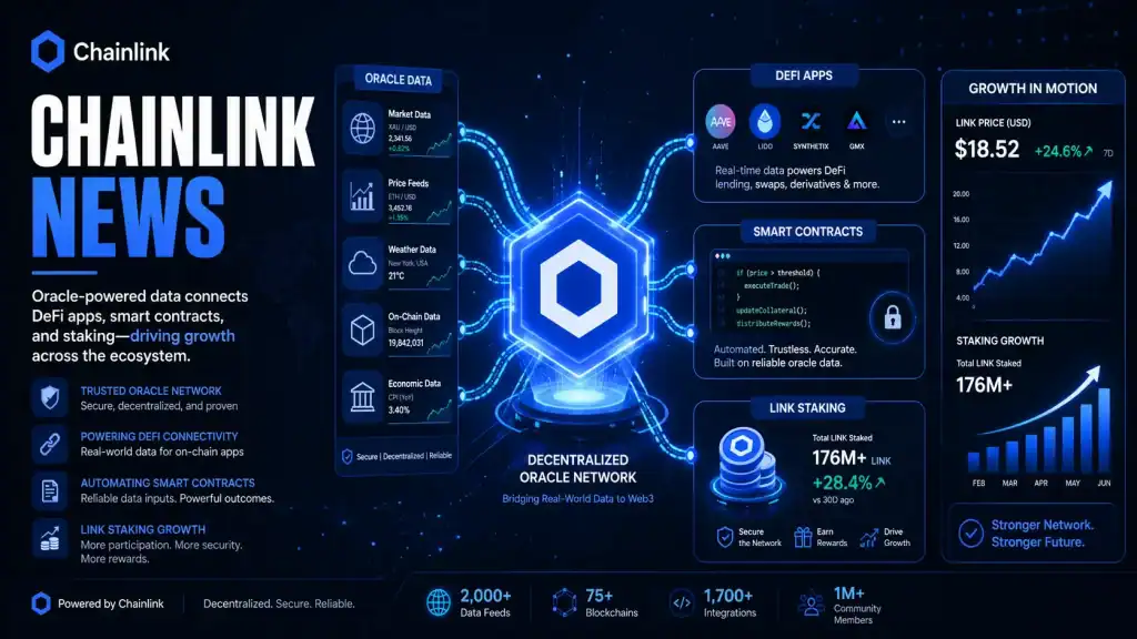 Chainlink News graphic featuring oracle data streams powering DeFi apps, smart contracts, and LINK staking growth