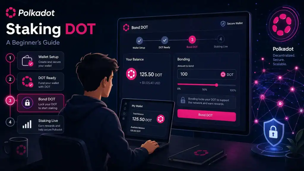Polkadot Staking tutorial scene showing a beginner setting up a wallet and preparing DOT for bonding
