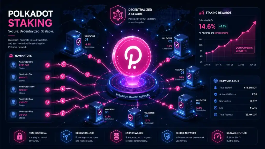 Polkadot Staking illustration featuring active validators, nominated DOT, and compounding rewards in a decentralized ecosystem