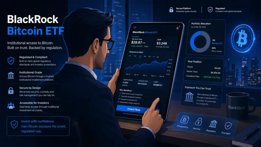 BlackRock Bitcoin ETF illustration of an investor using a brokerage app to buy Bitcoin exposure with charts and portfolio tools