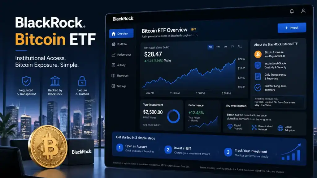 BlackRock Bitcoin ETF visual featuring institutional finance, Bitcoin symbols, and a modern trading dashboard for beginner investors