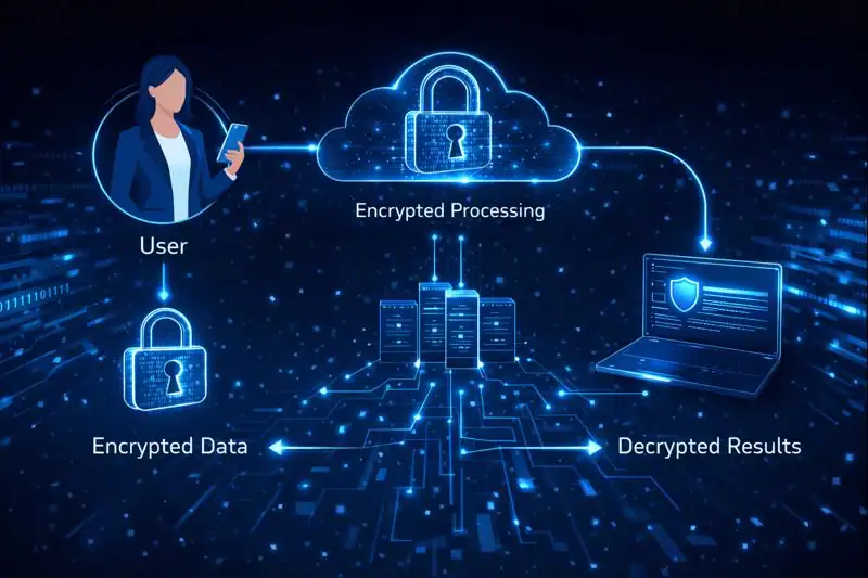Diagram showing encrypted data being processed in the cloud without decryption, then decrypted results returned to the user