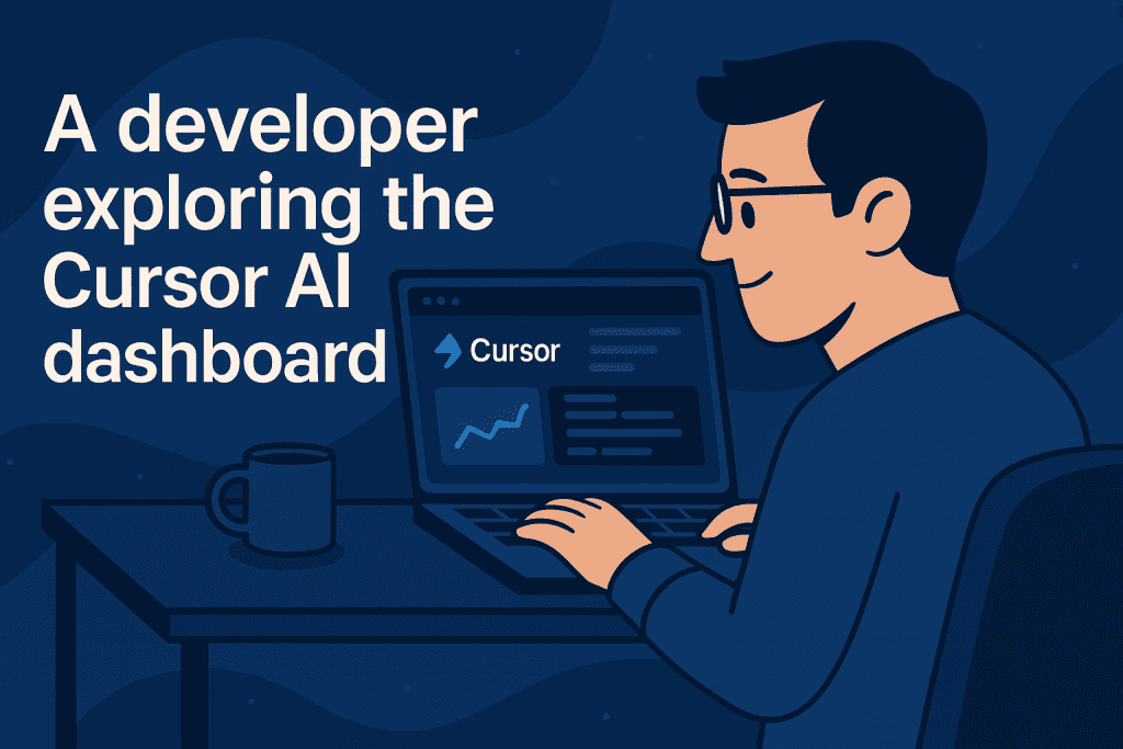 세련된 노트북 설정에서 Cursor AI 대시보드를 살펴보는 개발자의 모습.