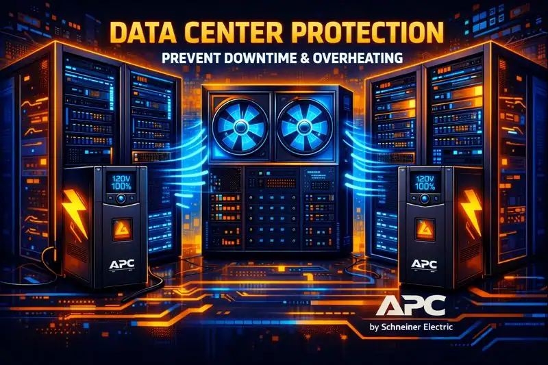 Server racks protected by APC by Schneider Electric UPS systems with precision cooling to prevent downtime and overheating in a data center.