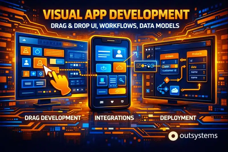 OutSystems visual development interface with drag-and-drop UI components, workflows, and data models for rapid app building