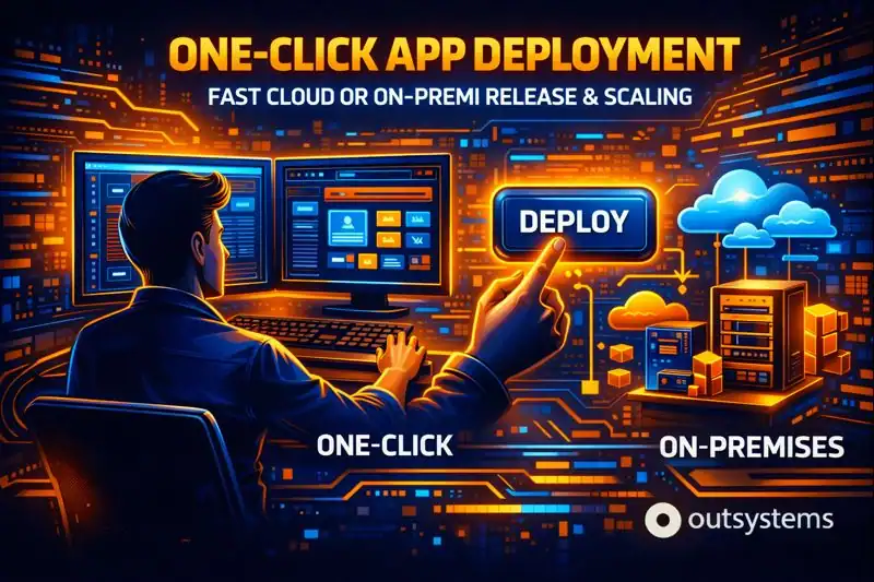 Developer deploying an OutSystems app with one-click deployment to cloud or on-premises infrastructure for fast release and scaling.