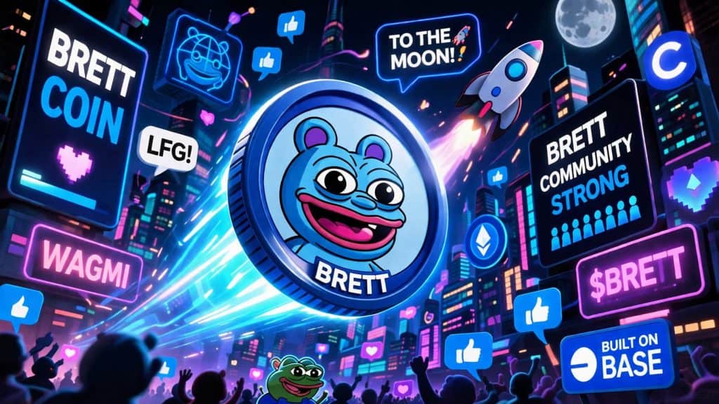 Brett Coin cartoon token floating through a vibrant digital city filled with crypto symbols, representing community hype and internet culture