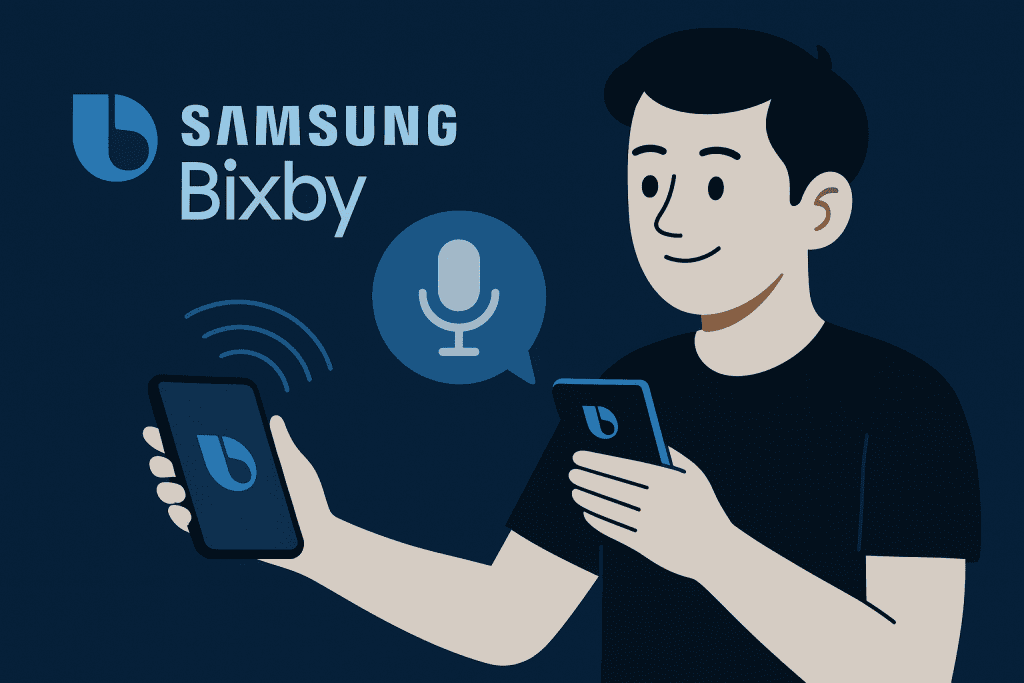 Person using Samsung Bixby on phone.