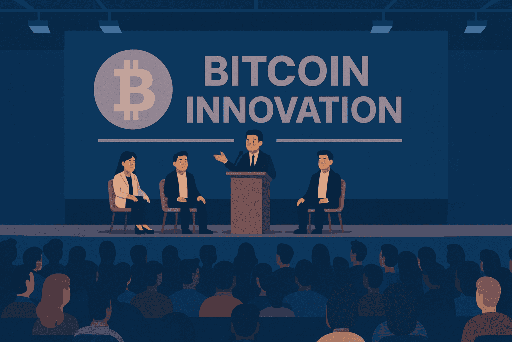 Bitcoin Conference Hall with speakers on cryptocurrency innovation.