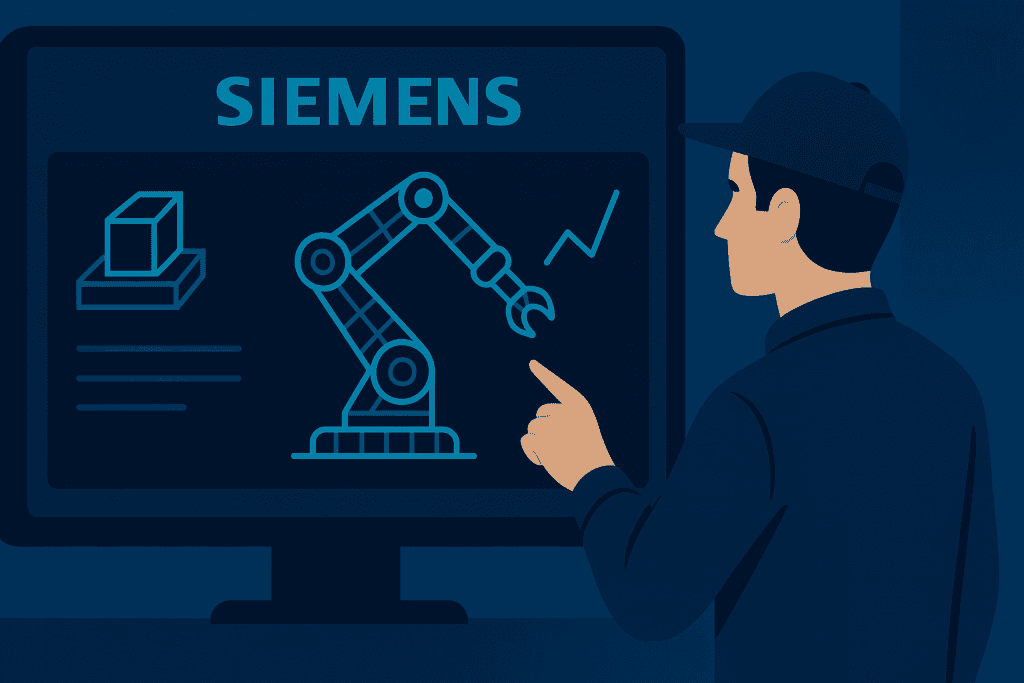 Factory worker using Siemens digital twin software on large screen display.