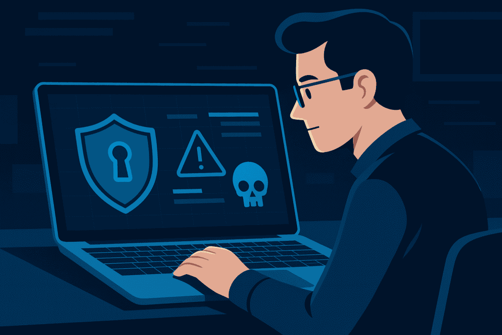 cyber expert analyzing threats on laptop screen.