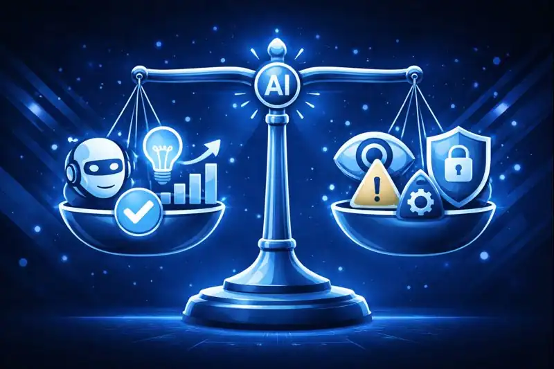 Balance scale with AI symbols, representing benefits, bias, and privacy concerns