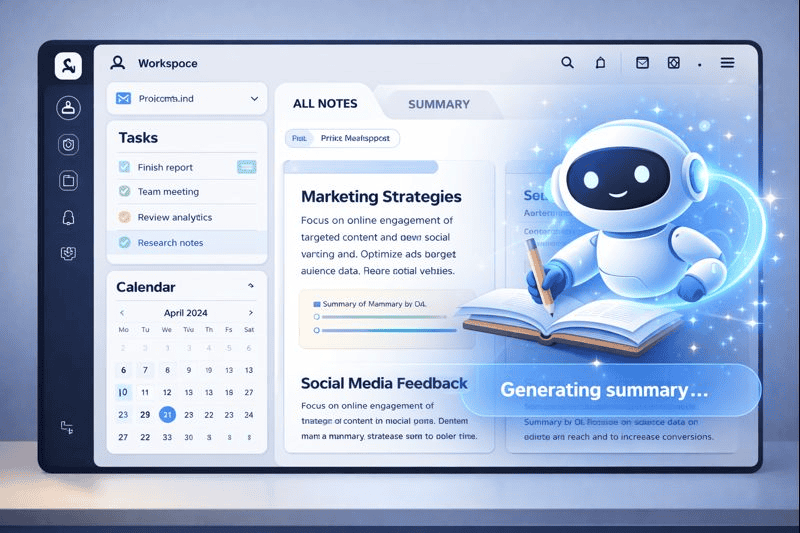 Notion AI assistant writing and summarizing notes in workspace app.
