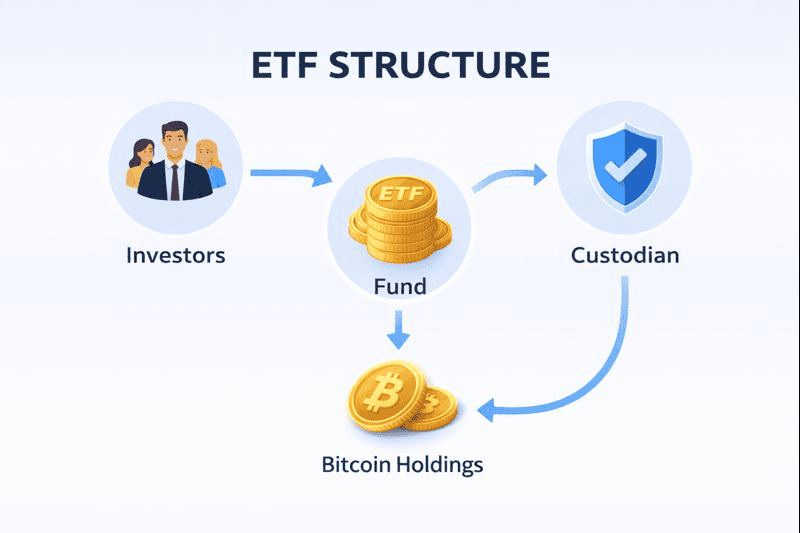 What is Bitcoin ETF structure with investors, fund, custodian, and Bitcoin flow.