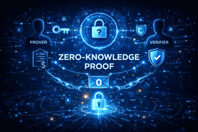 Zero-knowledge proof concept with Prover, Verifier, cryptographic lock.