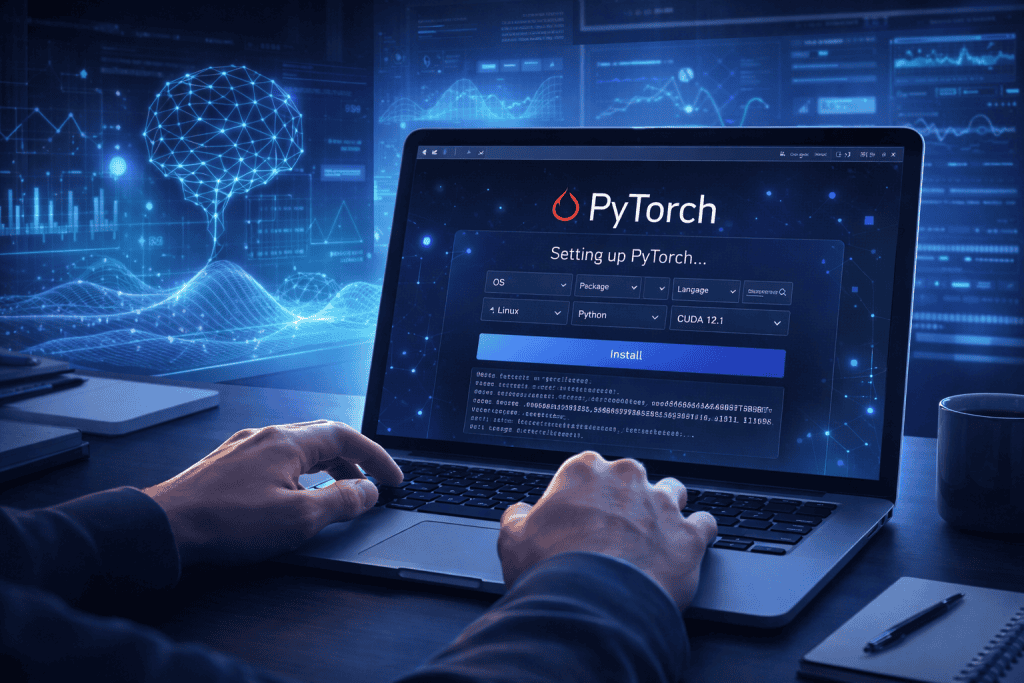 Developer setting up PyTorch on laptop with glowing AI interface