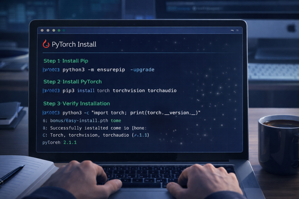 Step-by-step PyTorch install terminal in beginner workspace with coffee mug